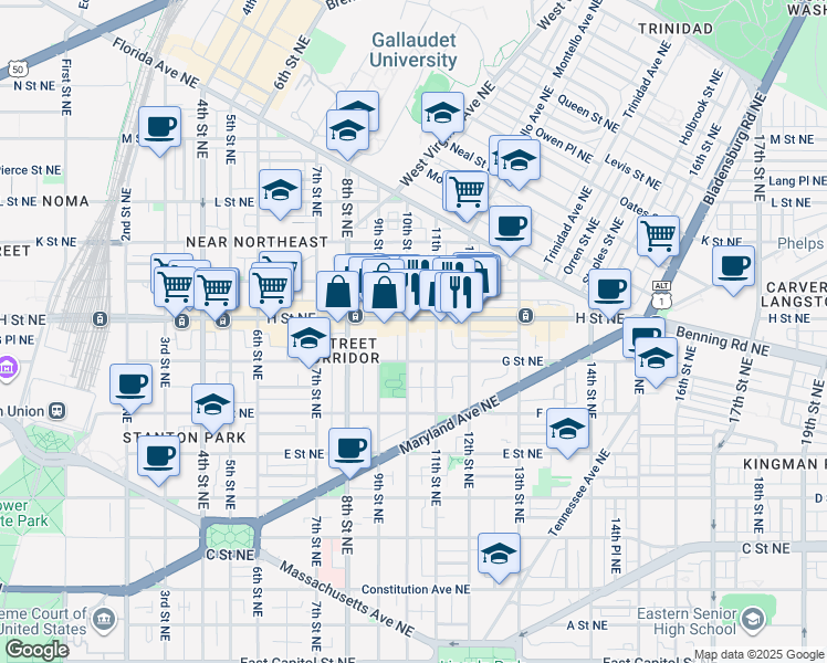 map of restaurants, bars, coffee shops, grocery stores, and more near 101 Independence Avenue Southeast in Washington