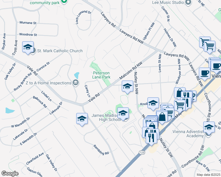 map of restaurants, bars, coffee shops, grocery stores, and more near 301 Valeview Court Northwest in Vienna