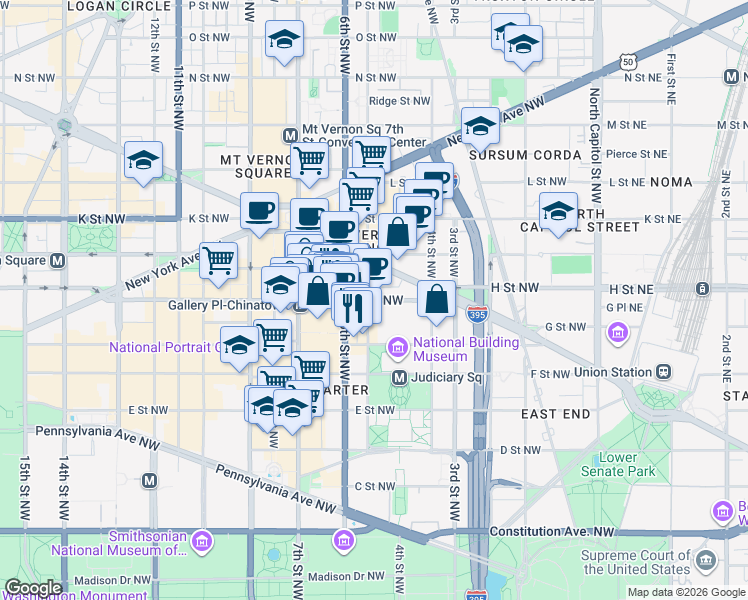 map of restaurants, bars, coffee shops, grocery stores, and more near 475 H Street Northwest in Washington, D.C.