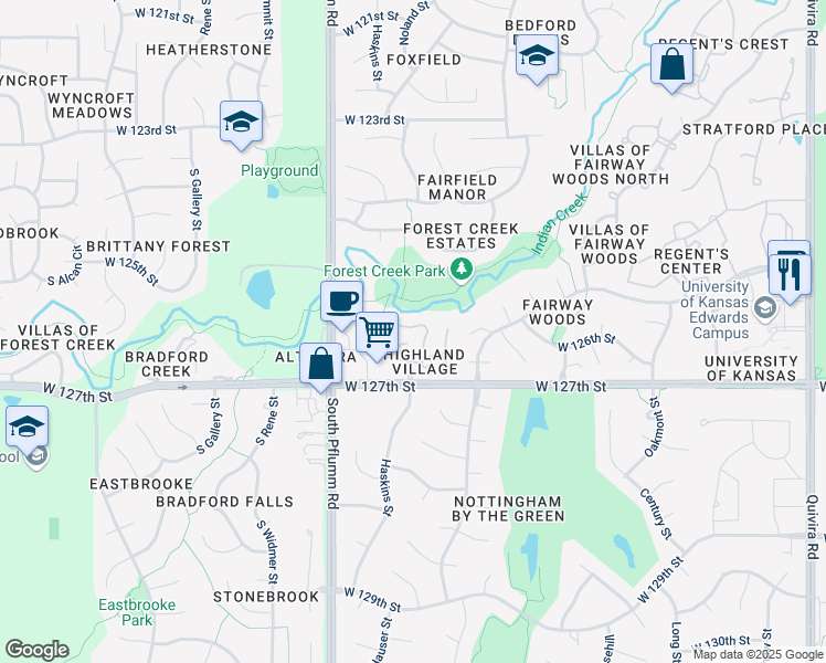 map of restaurants, bars, coffee shops, grocery stores, and more near 12617 Hauser Drive in Overland Park