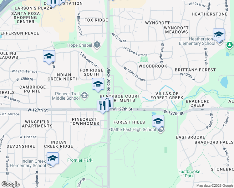 map of restaurants, bars, coffee shops, grocery stores, and more near 12641 South Constance Street in Olathe