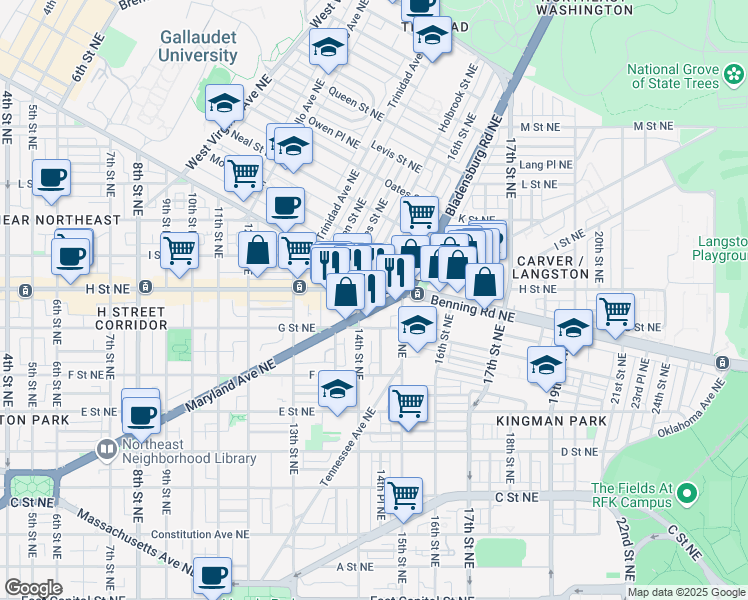 map of restaurants, bars, coffee shops, grocery stores, and more near 1414 Maryland Avenue Northeast in Washington