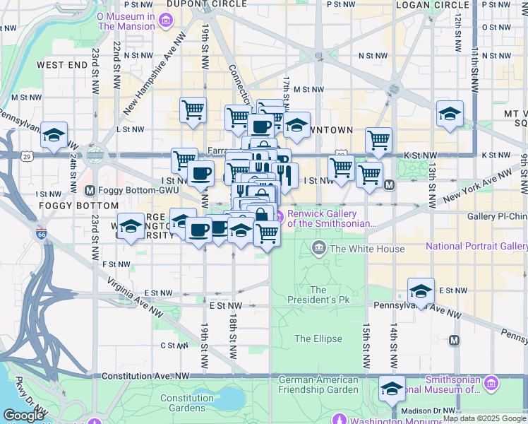 map of restaurants, bars, coffee shops, grocery stores, and more near 750 17th Street Northwest in Washington