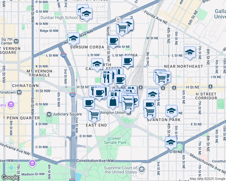 map of restaurants, bars, coffee shops, grocery stores, and more near 101 Independence Avenue Southeast in Washington