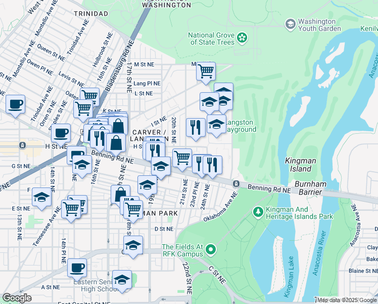 map of restaurants, bars, coffee shops, grocery stores, and more near 729 21st Street Northeast in Washington
