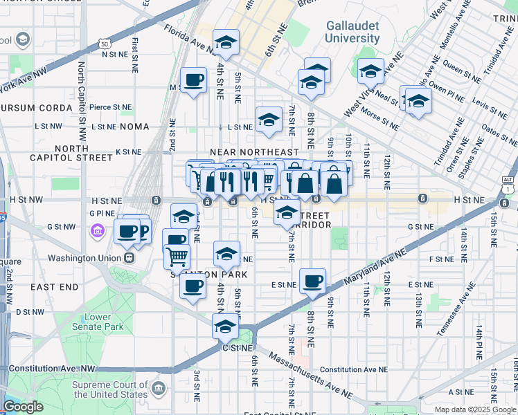 map of restaurants, bars, coffee shops, grocery stores, and more near 737 6th Street Northeast in Washington