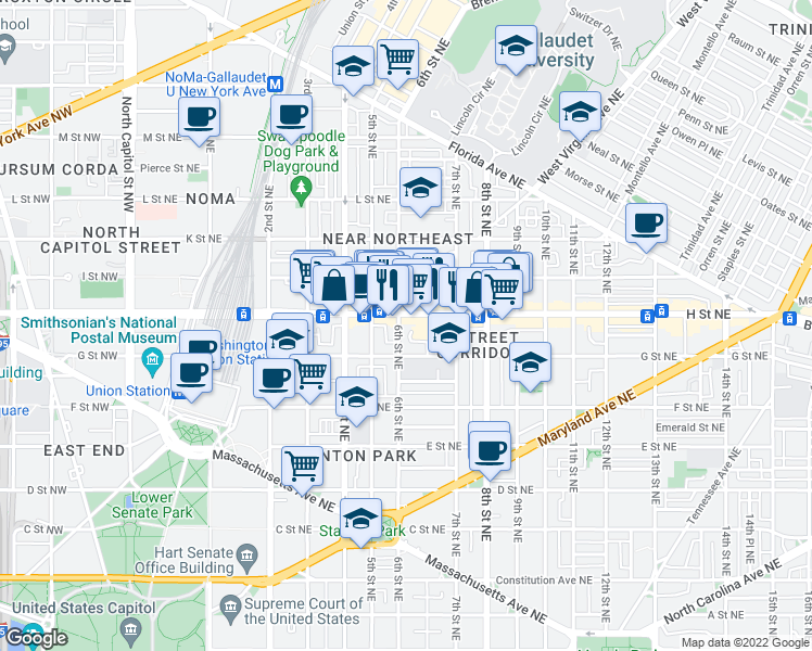 map of restaurants, bars, coffee shops, grocery stores, and more near 737 6th Street Northeast in Washington