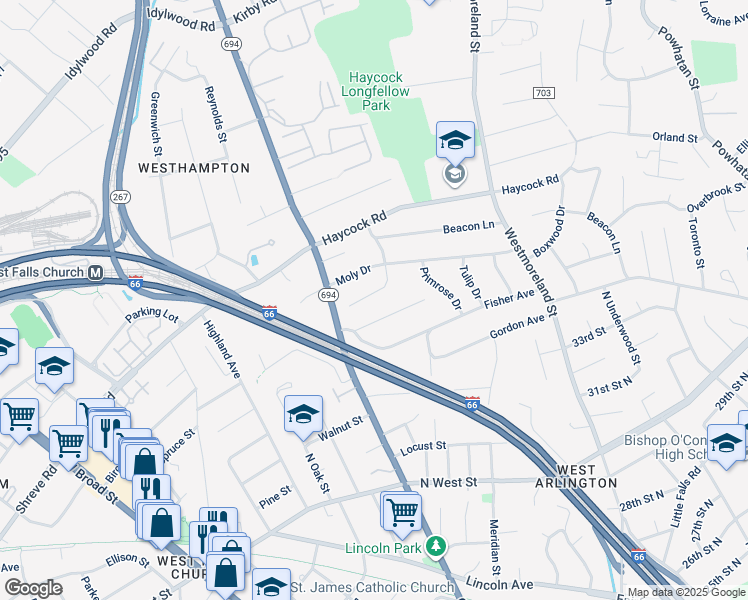 map of restaurants, bars, coffee shops, grocery stores, and more near 2233 Casemont Drive in Falls Church