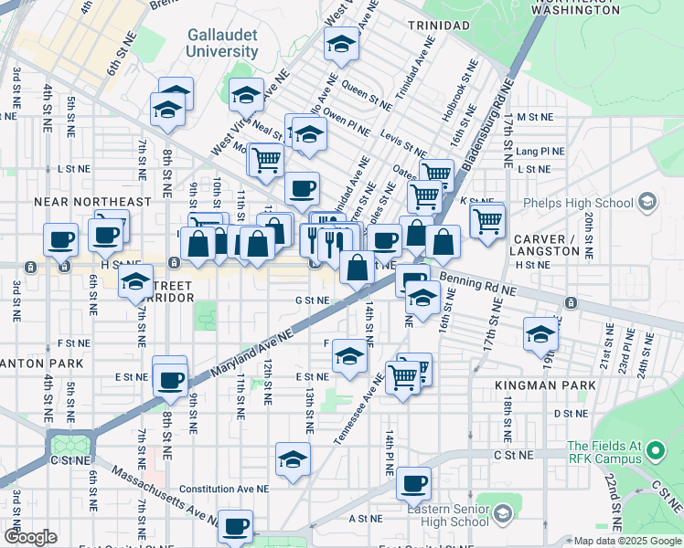 map of restaurants, bars, coffee shops, grocery stores, and more near 1341 H Street Northeast in Washington