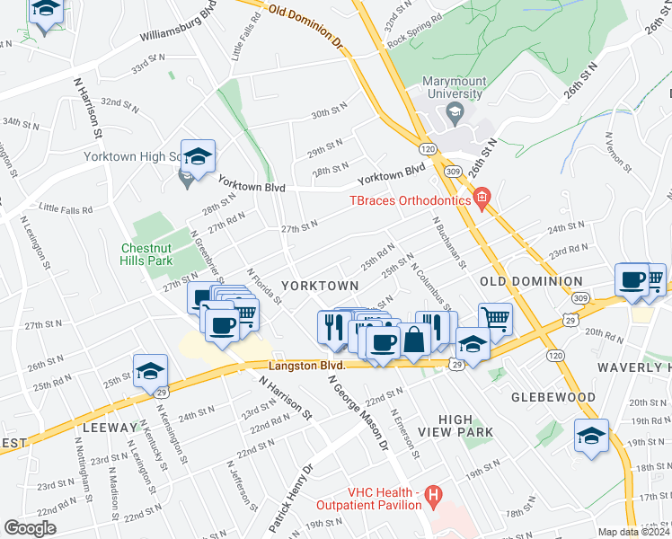 map of restaurants, bars, coffee shops, grocery stores, and more near 5100 25th Place North in Arlington