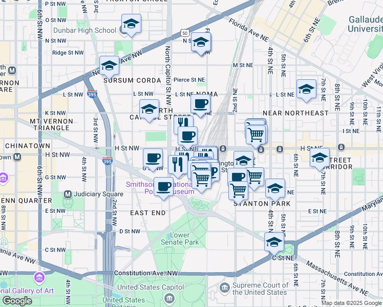 map of restaurants, bars, coffee shops, grocery stores, and more near 101 Independence Avenue Southeast in Washington