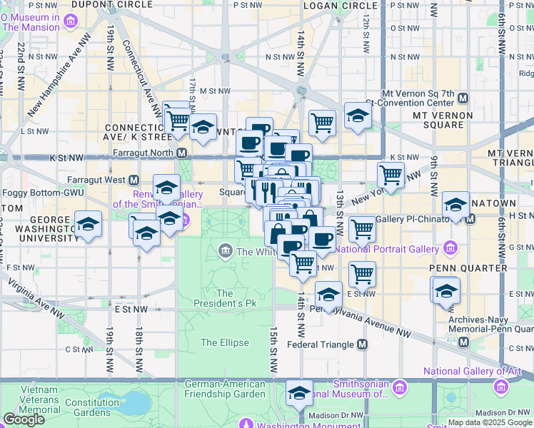 map of restaurants, bars, coffee shops, grocery stores, and more near 740 15th Street Northwest in Washington