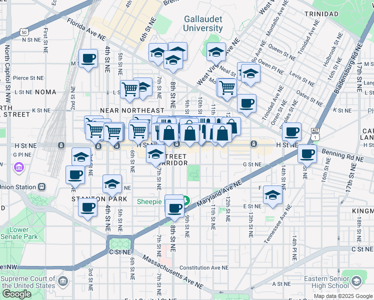 map of restaurants, bars, coffee shops, grocery stores, and more near 901 H Street Northeast in Washington