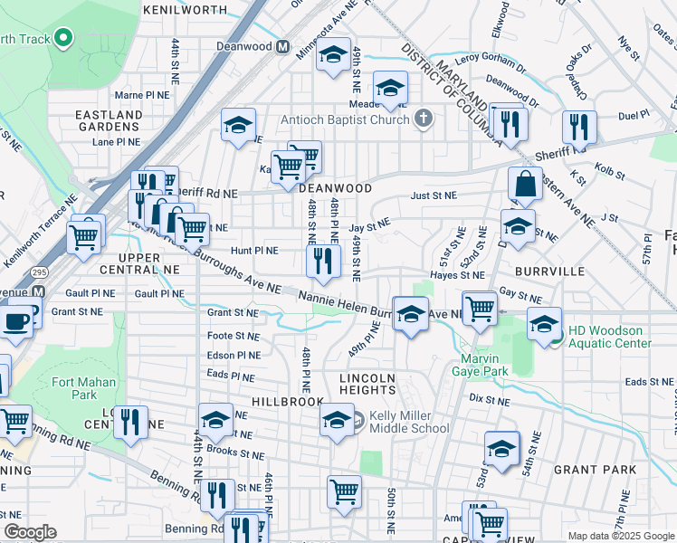 map of restaurants, bars, coffee shops, grocery stores, and more near 801 48th Place Northeast in Washington