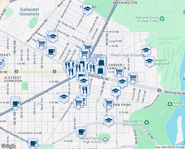 map of restaurants, bars, coffee shops, grocery stores, and more near Benning Road Northeast & 16th Street Northeast in Washington