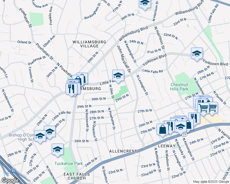 map of restaurants, bars, coffee shops, grocery stores, and more near 9 North Ohio Street in Arlington