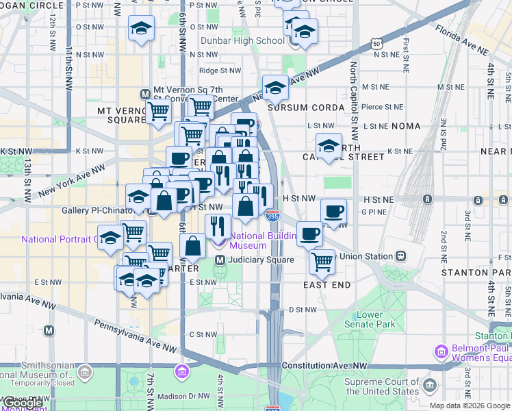 map of restaurants, bars, coffee shops, grocery stores, and more near 101 Independence Avenue Southeast in Washington