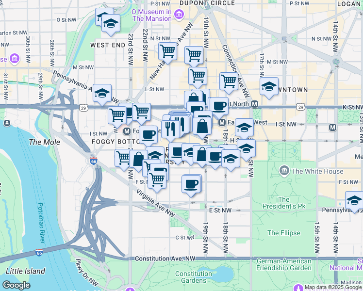 map of restaurants, bars, coffee shops, grocery stores, and more near 2013 H Street Northwest in Washington
