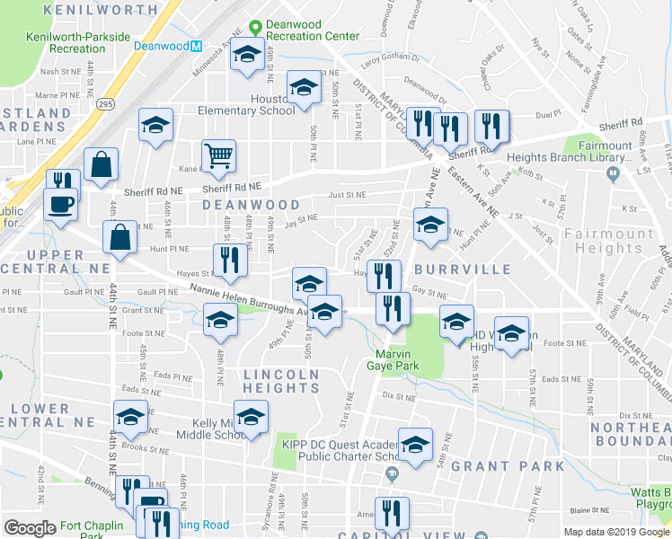 map of restaurants, bars, coffee shops, grocery stores, and more near 5015 Hayes Street Northeast in Washington