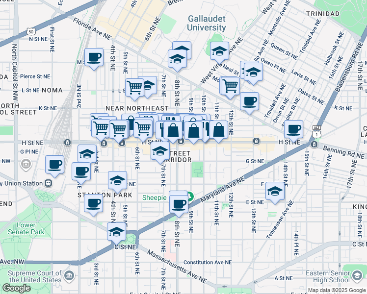map of restaurants, bars, coffee shops, grocery stores, and more near 718 8th Street Northeast in Washington