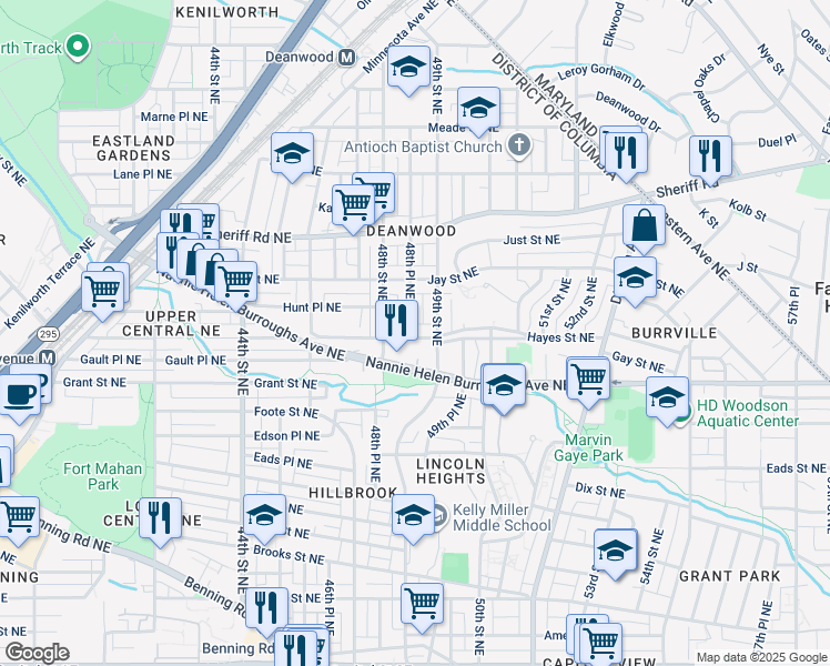 map of restaurants, bars, coffee shops, grocery stores, and more near 801 48th Place Northeast in Washington