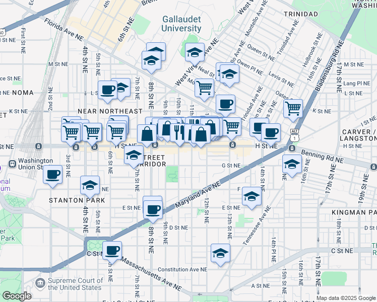 map of restaurants, bars, coffee shops, grocery stores, and more near 101 Independence Avenue Southeast in Washington