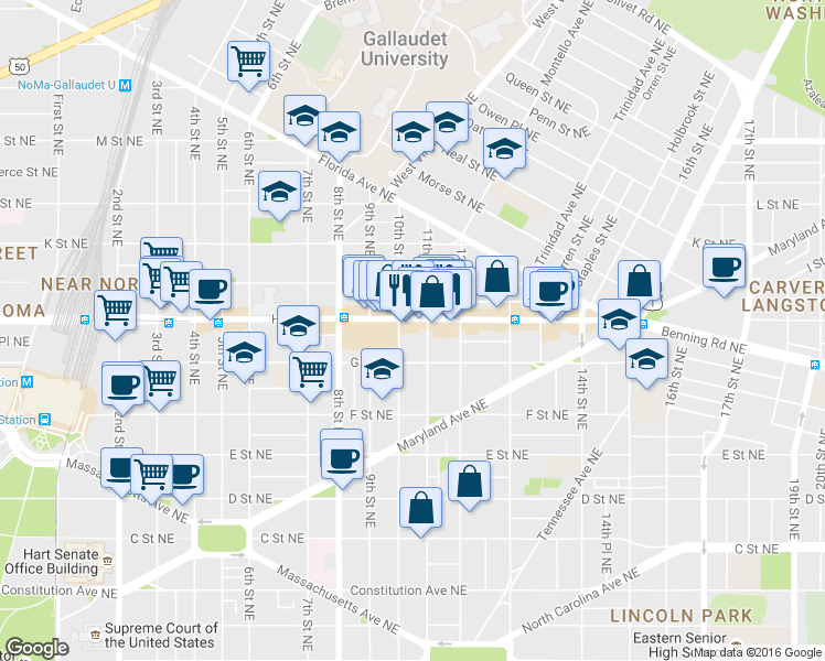 map of restaurants, bars, coffee shops, grocery stores, and more near 101 Independence Avenue Southeast in Washington
