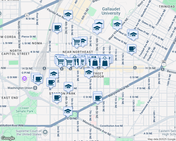 map of restaurants, bars, coffee shops, grocery stores, and more near 101 Independence Avenue Southeast in Washington