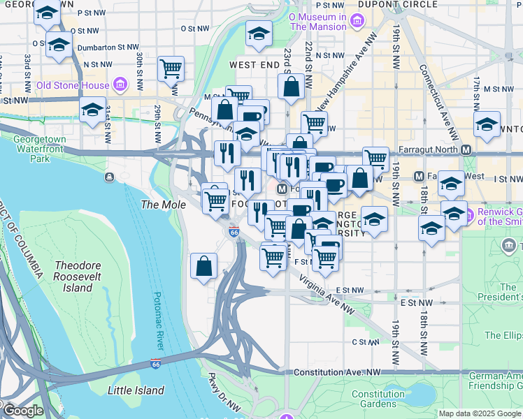 map of restaurants, bars, coffee shops, grocery stores, and more near 101 Independence Avenue Southeast in Washington