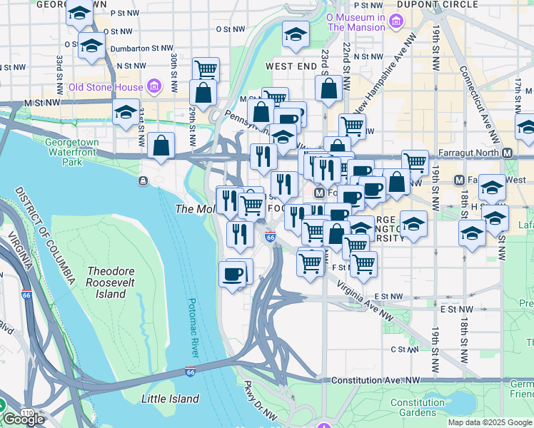 map of restaurants, bars, coffee shops, grocery stores, and more near 101 Independence Avenue Southeast in Washington