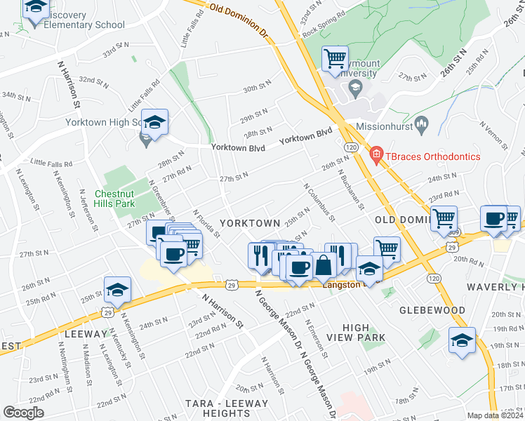 map of restaurants, bars, coffee shops, grocery stores, and more near 5100 25th Place North in Arlington