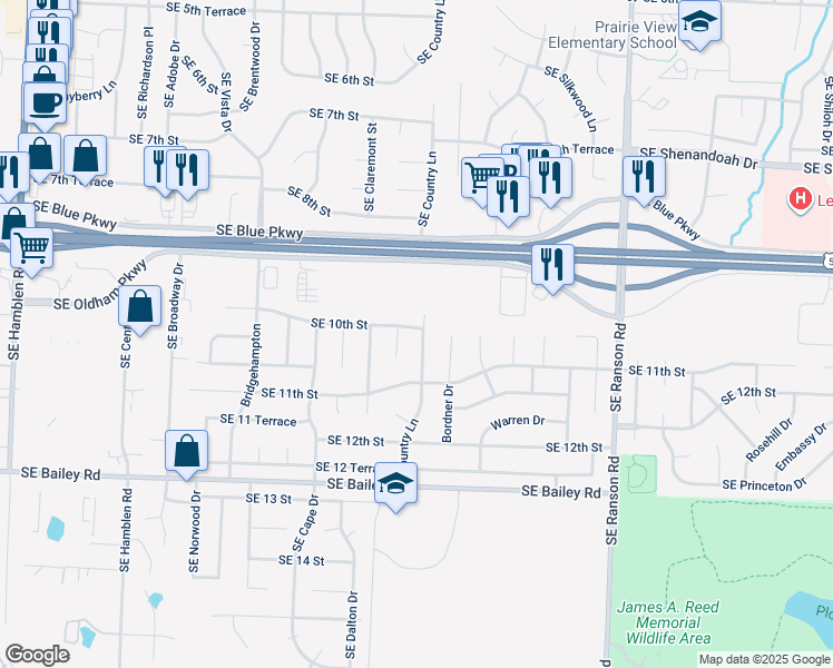 map of restaurants, bars, coffee shops, grocery stores, and more near 1017 Southeast Claremont Street in Lee's Summit