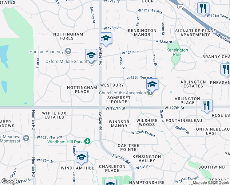 map of restaurants, bars, coffee shops, grocery stores, and more near 10013 West 126th Street in Overland Park