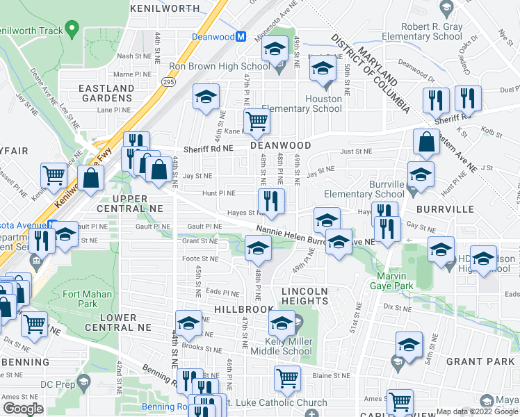 map of restaurants, bars, coffee shops, grocery stores, and more near 4656 Hayes Street Northeast in Washington