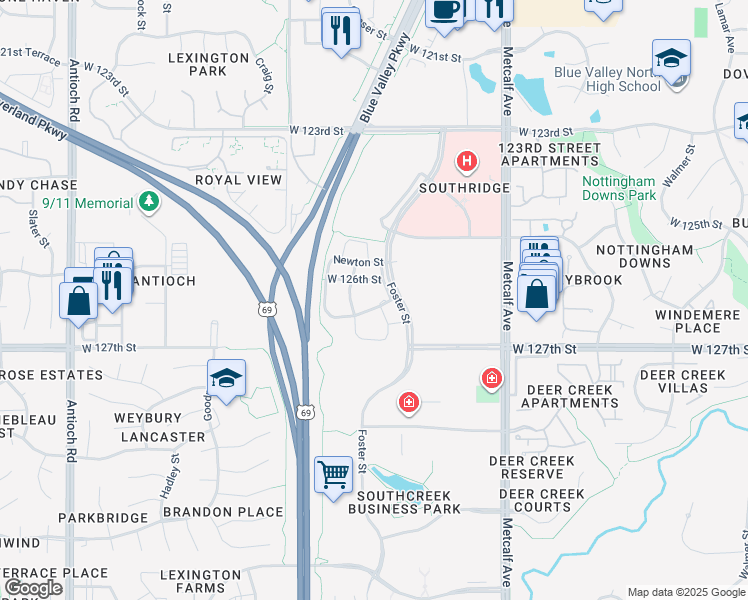 map of restaurants, bars, coffee shops, grocery stores, and more near 7700 West 126th Terrace in Overland Park