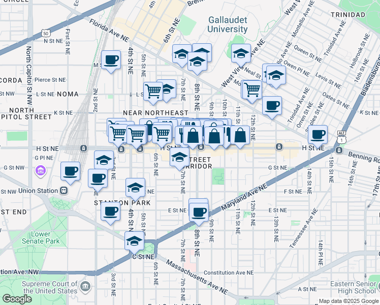 map of restaurants, bars, coffee shops, grocery stores, and more near 101 Independence Avenue Southeast in Washington