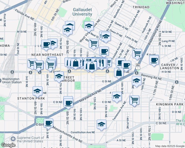 map of restaurants, bars, coffee shops, grocery stores, and more near 1121 H Street Northeast in Washington
