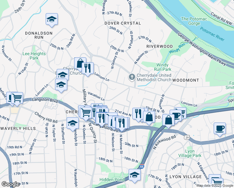 map of restaurants, bars, coffee shops, grocery stores, and more near 3635 Vacation Lane in Arlington
