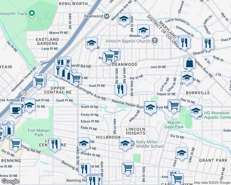 map of restaurants, bars, coffee shops, grocery stores, and more near 4656 Hayes Street Northeast in Washington