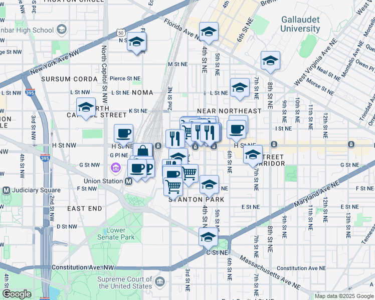 map of restaurants, bars, coffee shops, grocery stores, and more near 748 3rd Street Northeast in Washington
