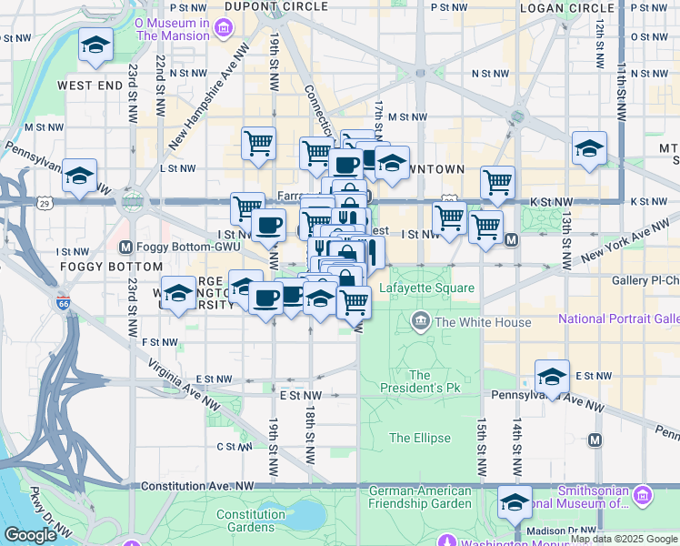 map of restaurants, bars, coffee shops, grocery stores, and more near 1710 H Street Northwest in Washington