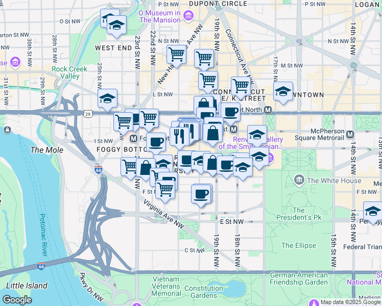 map of restaurants, bars, coffee shops, grocery stores, and more near 2013 H Street Northwest in Washington