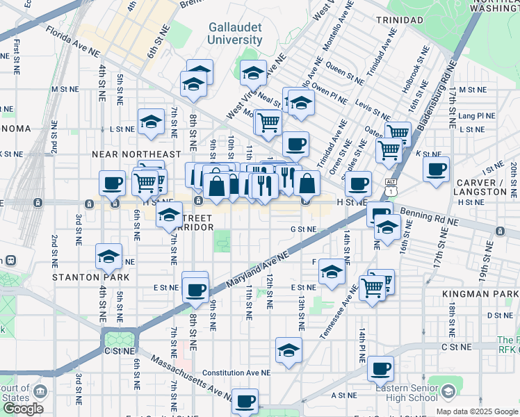 map of restaurants, bars, coffee shops, grocery stores, and more near 1115 H Street Northeast in Washington