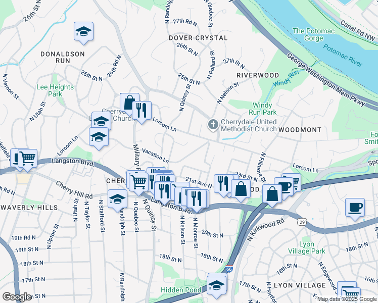 map of restaurants, bars, coffee shops, grocery stores, and more near 3635 Vacation Lane in Arlington
