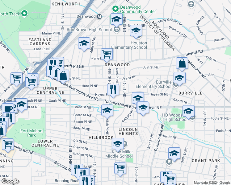 map of restaurants, bars, coffee shops, grocery stores, and more near 4820 Hayes Street Northeast in Washington