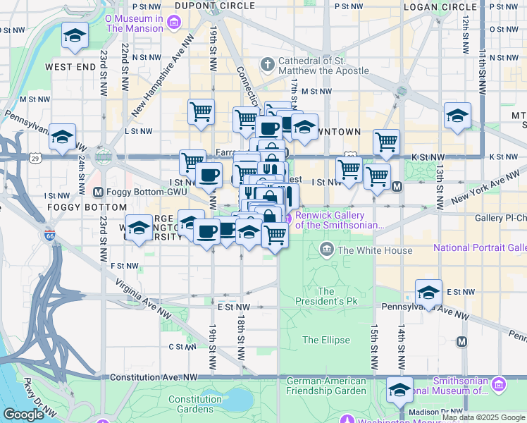 map of restaurants, bars, coffee shops, grocery stores, and more near 1710 H Street Northwest in Washington