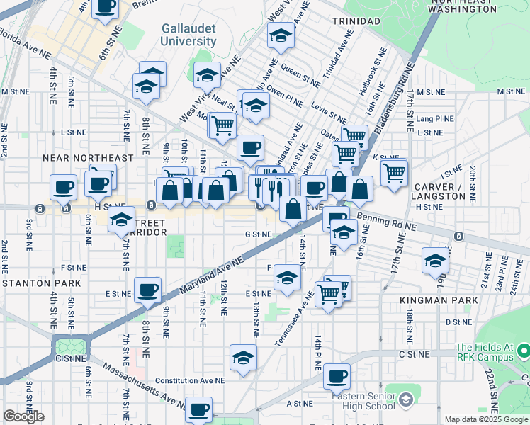 map of restaurants, bars, coffee shops, grocery stores, and more near 1313 H Street Northeast in Washington
