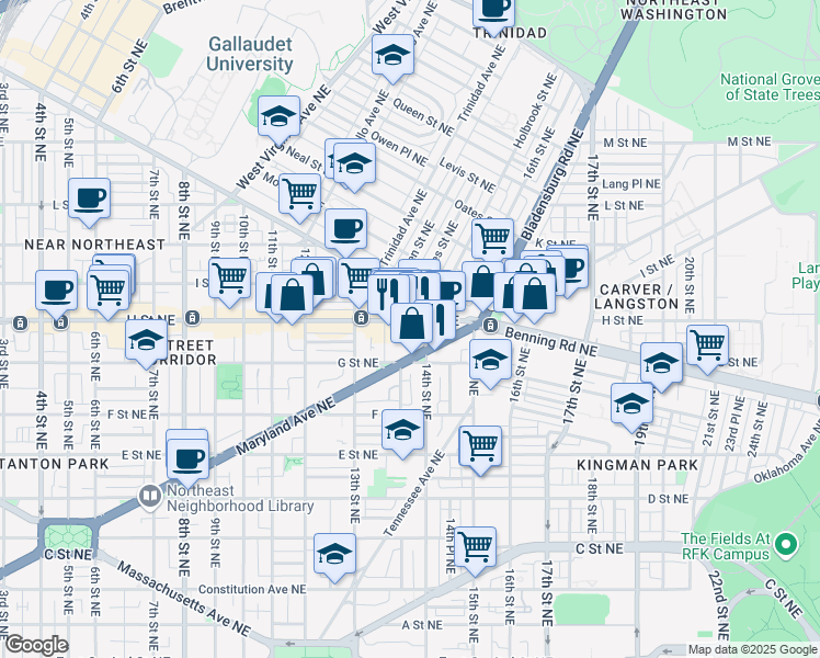 map of restaurants, bars, coffee shops, grocery stores, and more near 1365 H Street Northeast in Washington