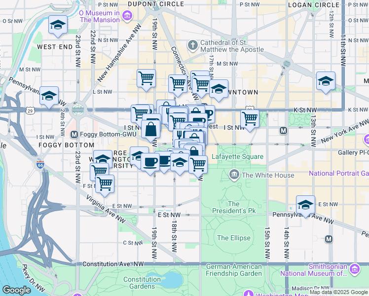 map of restaurants, bars, coffee shops, grocery stores, and more near 1750 H Street Northwest in Washington