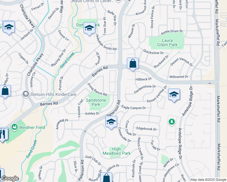 map of restaurants, bars, coffee shops, grocery stores, and more near 7255 Ashley Drive in Colorado Springs